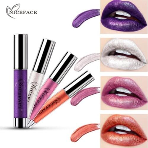 NICEFACE 14 Colors Diamond Metallic Liquid Lipstick Shimmer Glitter Pearl Color Lip gloss Waterproof Non-stick Cup Lip Makeup