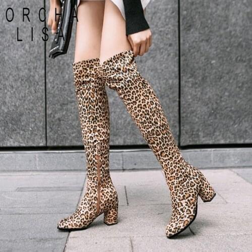 Orcha Lisa Faux Suede Boots leopard Women Sexy long boots Over the knee thigh high Pointed toe Chunky heel Zipper Pull on 43