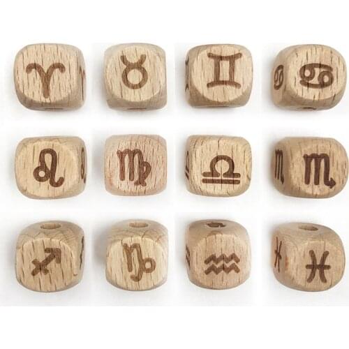 12 constellations Natural Wood Square Beads 12 mm Beech Child Teething Big Size Wooden Beads for Bracelet DIY Jewelry Making