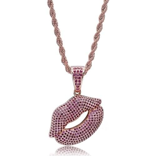 Iced Out Lips Pendant Necklace With Chain Purple Zircon Pendant Necklace High Quality Hip Hop Jewelry