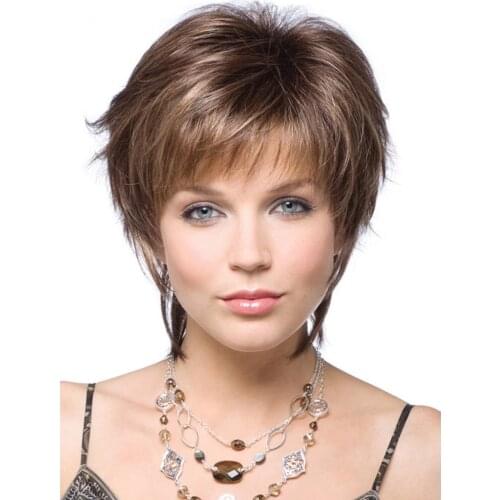 Weilai Short Hair Wig with Heat Resistant Natural Bangs with Dark brown Synthetic Short Straight Haircut For White Women