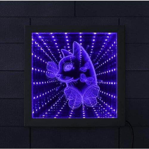 Cat With Butterfly Color Changing LED Infinity Mirror Frame Cat Lover Gift Cat Portrait Mesmerizing Illusion Living Room Decor