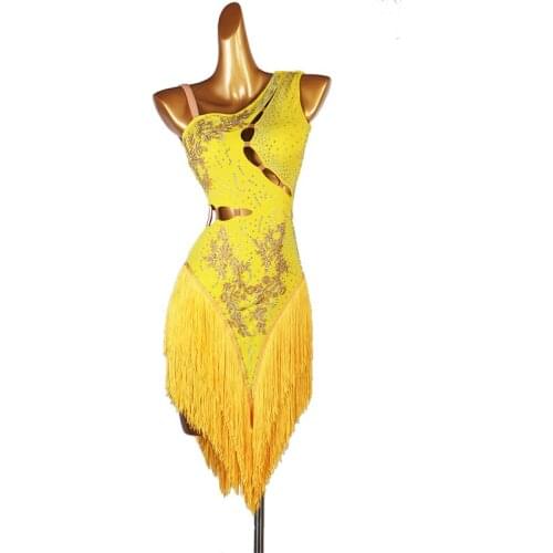 Latin Competition Dance Skirt Women 2021 Sexy Yellow Tassel Rumba Dancing Dresses Adult Standard Samba Latin Dance Dress