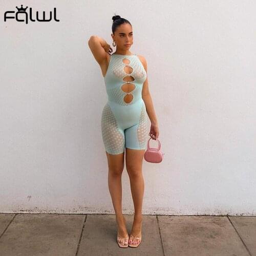 FQLWL Autumn Clubwear Mesh White Rompers Womens Jumpsuit 2021 Sleeveless O Neck Hollow Out Romper Female Sexy One Piece Outfit