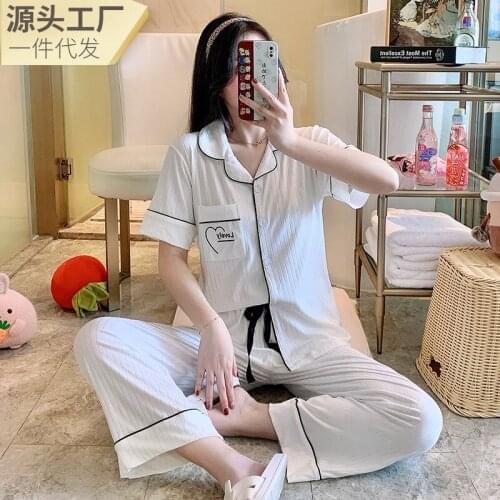 Summer Womens Plain Pajamas Set Casual Sleepwear Cotton Lapel Short Sleeve Nightgown Sweet Girls Pajamas Homewear Suit