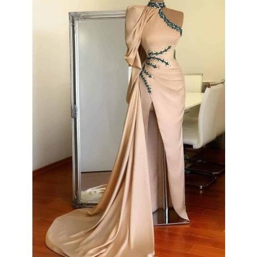Fashion High Collar Beaded Ceystals Sheath High Slit Prom Dresses