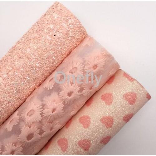 Onefly 21X29CM PINK Chunky Glitter Leather, Hearts Printed Glitter Fabric Sheets For Bow DIY handbags shoes AQ074
