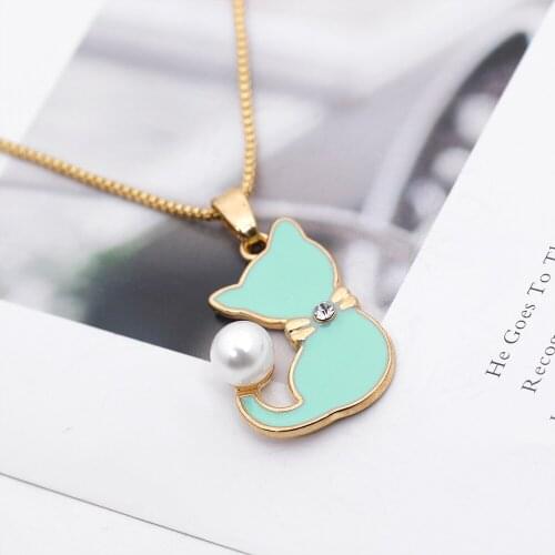 30 Ladies Enamel Cat fox Drops Oil Zircon Pearl Tail Necklace Animal Puppy Cartoon Creative Pets Pussy Pendant Necklace jewelery