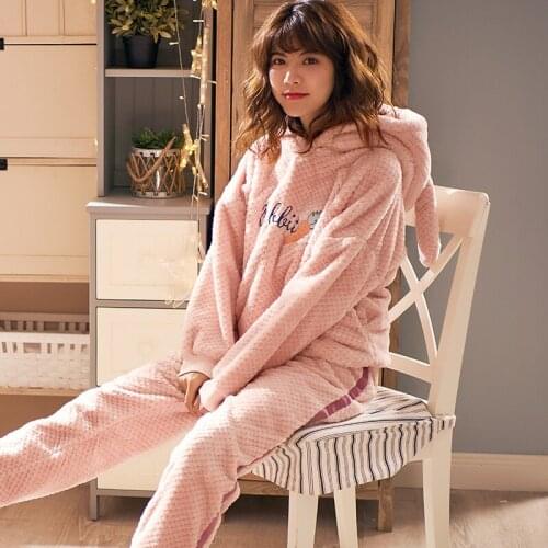 Coral Fleece Pyjamas Female Spring Or Winter Thickening Warm Sweet Flannel and Fleece Housewear Set