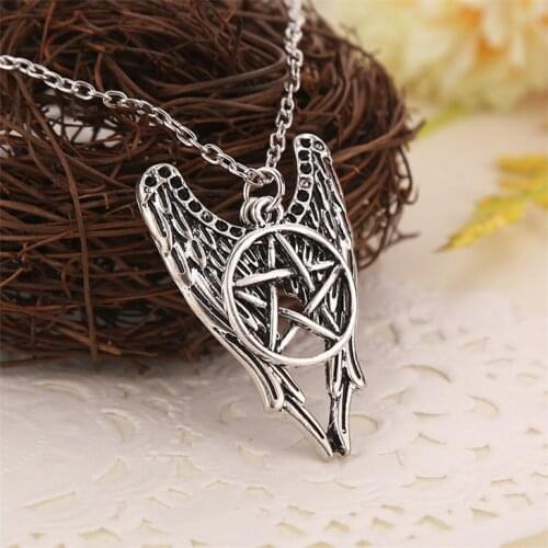 Supernatural Necklace Pentagram Pentacle Castiel Angel Wings Vintage Antique Silver Color Pendant Amulet Jewelry Men Wholesale