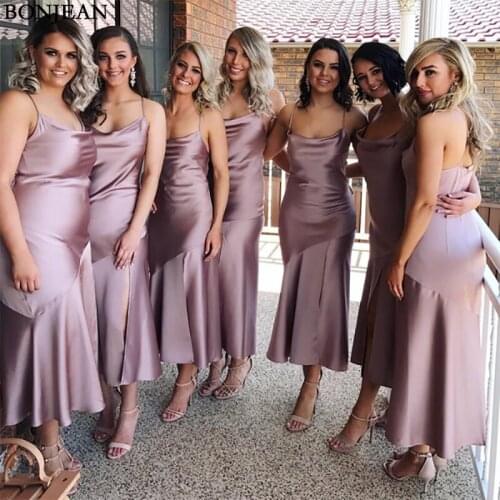 Simple Ankle Length Bridesmaid Dress Sexy Spaghetti Straps Sleeveless Backless Wedding Guest Dress Satin Bridesmaids Dresses