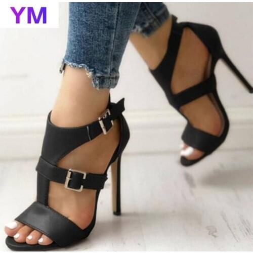 2021 Gladiator Fine Women Sandals Summer High Heels Leather Peep Toes Ankle Buckle Strap Woman Party Shoes Black Sandalia Mujer