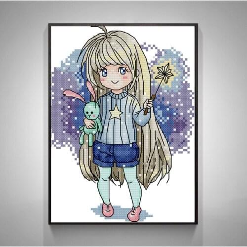 Magical Cute long-haired girl Cross Stitch Kits Printed pattern Chinese Embroidery Needlework Cross-stitch set Canvas Handmade