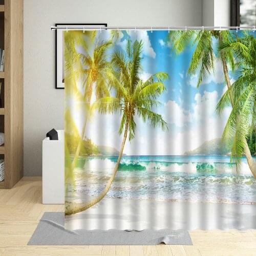 Summer day Seaside Vacation Coconut tree Shower Curtain Landscape Sea Wave Blue Sky Baiyun Sunlight Bathroom Decoration Fabric