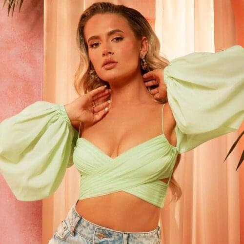 Womens Sexy White Off Shoulder Sling Cropped Long Sleeve Cross T-shirt Top 2021 Summer Green Fashion Plus Size Backless Clothes