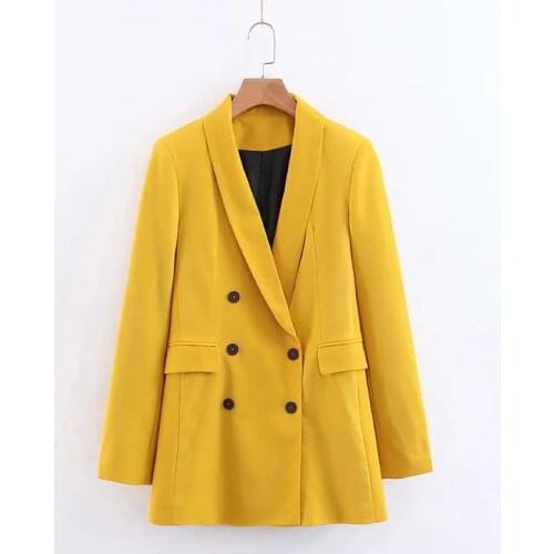 Women Yellow Color Suit Blazer pockets double breasted long sleeve office wear coat solid female casual outerwear tops