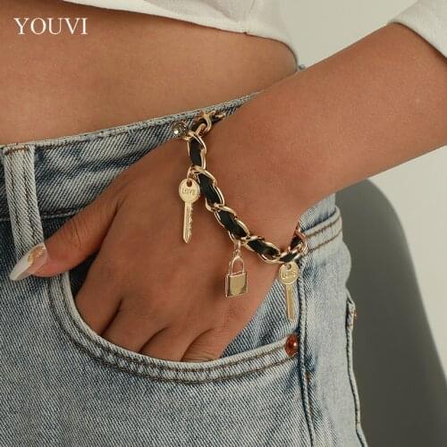 YOUVI Twiested Leather Chains Bracelet for Women Gold Color Goth Bangels Punk Key Lock Tassel Pedants Lovers Hand Jewelry Gifts