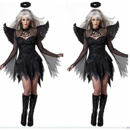 Women Sexy Dark Angel Costume Adult Halloween Cosplay Party Raven Black Fallen Angel Fancy Dress with Halo & Wing new