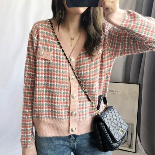 Vintage Plaid Print Cardigan Sweaters Women Autumn Winter V Neck Single Breasted Knitted Crop Top Sweaters Casual Loose Knitwear