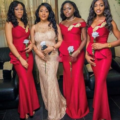 Elegant Red Mermaid Bridesmaid Dresses For Wedding Party 2019 V Neck Satin Ruffles vestido longo