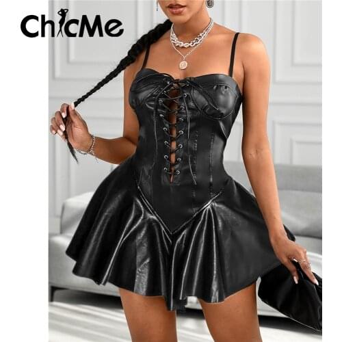 Chicme Women Spaghetti Strap Eyelet Lace Up Pleated PU Leather Dress A Line Mini Sexy Ladies Slim Nightclub Dress Party