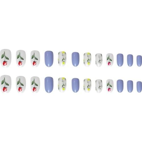 24Pcs Flower Printed False Nails Glue Type Removable Short Paragraph Full Cover Manicure Accessories Fashion Manicure Sticker NN