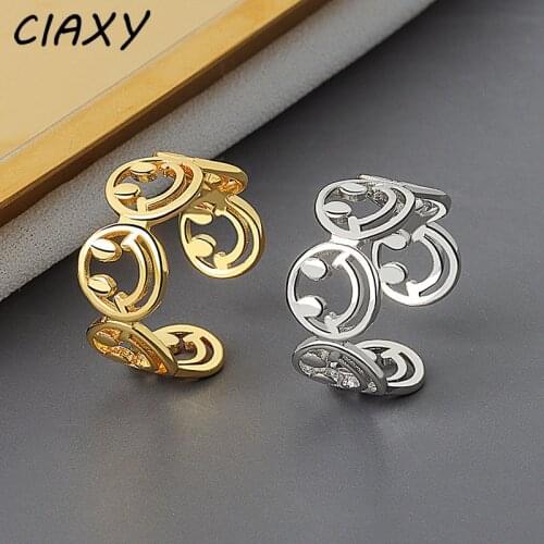 CIAXY 925 Sterling Silver Hollow Smiley Rings for Women Cute Adjustable Ring Creativity Jewelry Party Gift