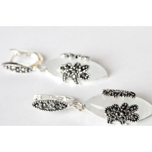 Hot Sell VINTAGE CLEAR WHITE OPALS MARCASITE FLOWER 925 STERLING SILVER EARRINGS