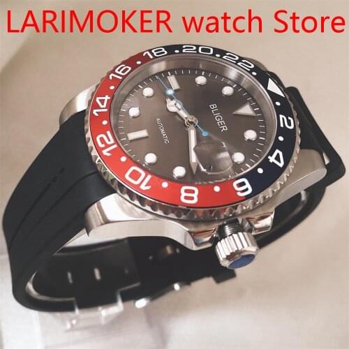 Automatic mens watch NH35/MIYOTA 8215 movement sapphire glass date black rubber strap aluminum blackred bezel