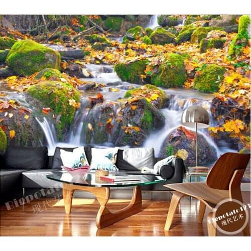 The latest 3D murals,Moss stone deciduous streams and waterfalls landscape photography , living room TV sofa bedroom wall paper