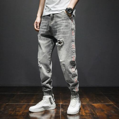 Spring autumn 2021 new teenager ripped denim jeans mens loose straight trendy brand harem pants small feet ankle length pants