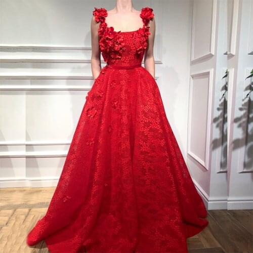 New Fashion Red Lace Prom Party Dresses Long Square Neckline with Straps Handmade Flowers Wedding Party Gowns Sweep Train 2021