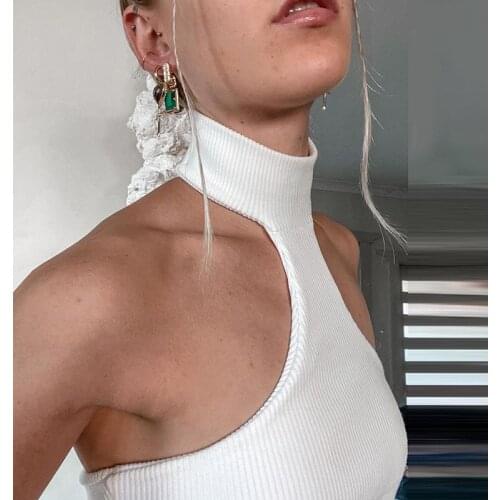 White Black Solid Color Halter One Word Shoulder Sleeveless Back Vest