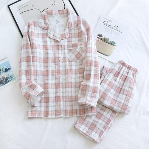 New Couple Cotton Crepe Pajamas Two-piece Spring and Autumn Mens Long-sleeved Trousers Ladies Home Service Set Simple Plaid