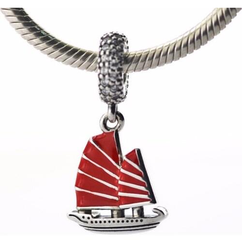 Chinese Junk Ship Red Enamel & Clear CZ Charms for Women Silver 925 Original Chain Bracelets Safe Sign Charms for Jewelry Making