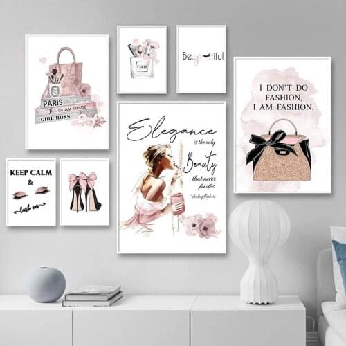 Nordic Art Poster Pink Luxury High Heels Bag Canvas Print Wall Painting Beauty Salon Girls Room Decor Creative Pictures Unframed