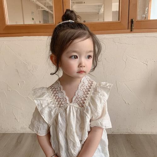 Girls Short Sleeve 2021 Summer New Sweet Cute Lace Small V-neck Children Casual Solid Color Cotton Baby Shirt girls shirts