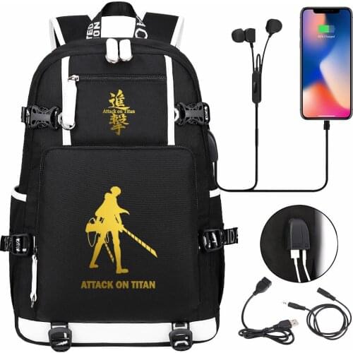 New Gold Anime Attack On Titan USB Boy Girl School Bag Large Capacity Teenagers Students Schoolbags Women Men Travel Backpack