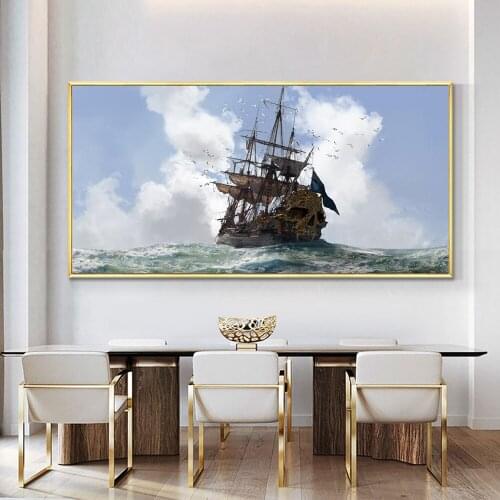 Modern Style Skull and Bones Ship Decorative Prints Poster Seascpae Canvas Painting Art for Room One Piece Home Wall Decoration