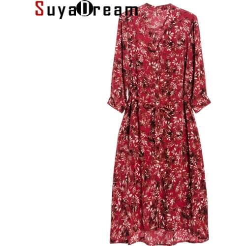 SuyaDream Woman Print Silk Dress 100%Silk V neck Elegant T Shirt Dress Women 2020 Summer Sash Midi Dresses Silk Clothes Vestidos