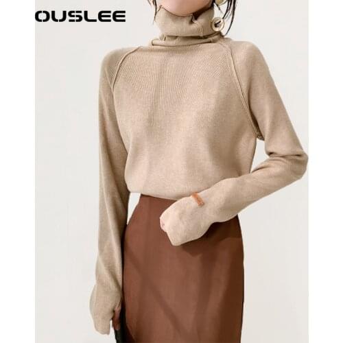 OUSLEE Cotton Turtleneck Women Sweater Autumn Winter Elegant Slim Female Knitted Pullover Casual Stretched Sweaters Jumper Femme