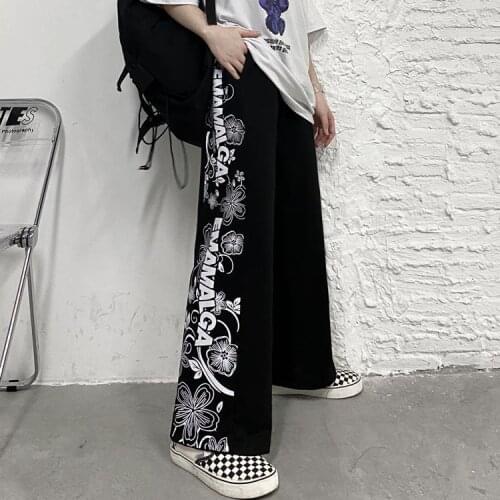 Harajuku street straight tube wide leg pants spring retro printed casual pants mens and womens loose pants