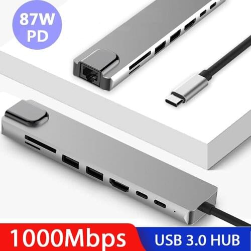 USB HUB Type c to HDMI 4K USB 3.0 Thunderbolt3 Dock Adapter PD Charging Card 8 in 1 HUB For Macbook Pro Splitter Port Type C HUB