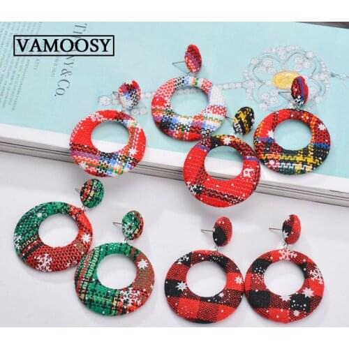 Spring Festival Happyness Red Houndstooth Plaid Velvet Fabric Round Big Circle Hollow Earrings for Women Distorted Cloth Jewelry