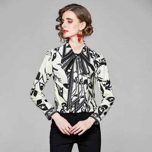 Bowtie Blouse Women Long Full Sleeves Shirts Mujer Turn Down Collar Blusas Womens Summer Spring Clothes Elegant Tops camisas