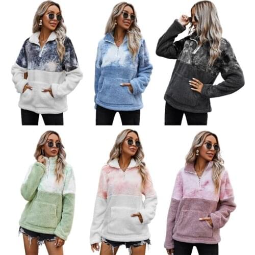 Women Tie-Dye Color Block Sweatshirt Half Zip Lapel Long Sleeve Pullover Tops Fluffy Plush Loose Steetwear with Pocket