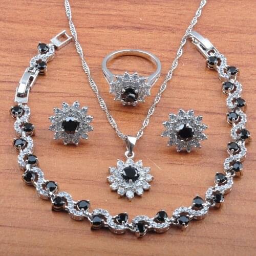 2020 New Fashion Silver Color Jewelry Set Black Zirconia For Women Earrings Necklace Pendant Rings Bracelet Set JS0467
