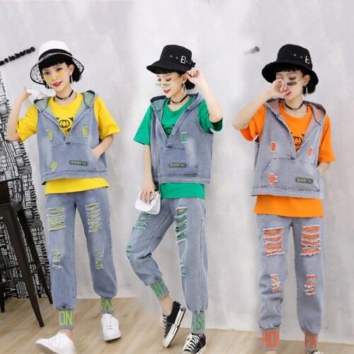 M-6XL Womens Spring Summer New Plus Size 3 Piece Suit Female Loose Top + Denim Hooded Vest + Hole Jeans Casual Three Piece Suit