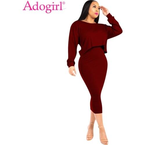 Adogirl Women Casual Ribbed Two Piece Set Batwing Sleeve Pullover Crop Top Bodycon Midi Tank Dress High Stretch Fashion Suits