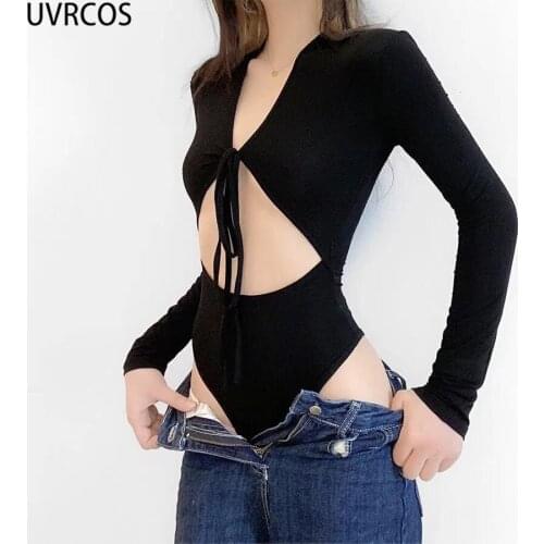 UVRCOS Womens Lace Bodysuit Solid Color Chest Hollow Out Long Sleeve Slim Jumpsuit Corset Nightclub Outfits For Females Romper